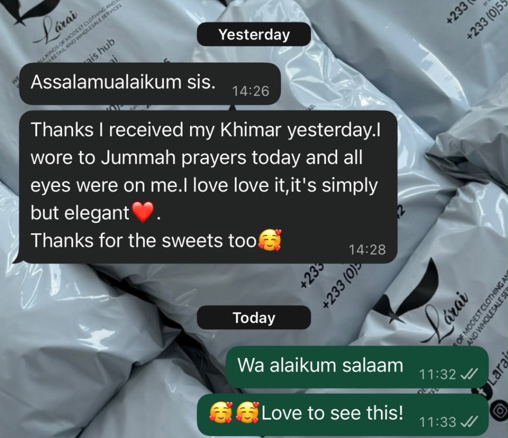 WhatsApp review about a khimar worn to Jummah — simply but elegant