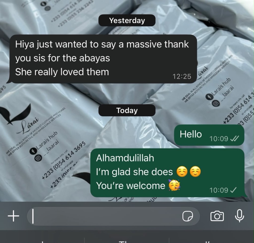 WhatsApp review thanking LARAI — the abayas were loved as a gift